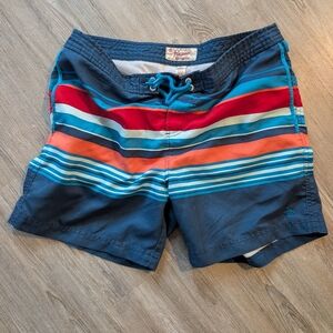Original Penguin Navy Striped Swim Shorts with Red and Orange Accents
